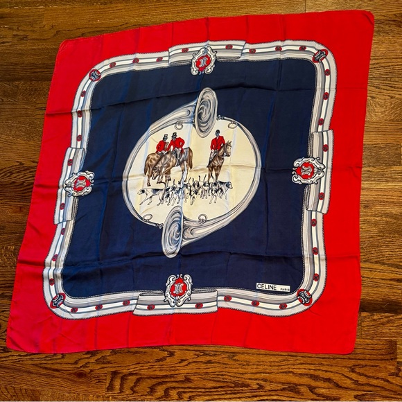 ♥️Celine Paris Red and Navy Equestrian Hunt Scarf♥️ - Picture 5 of 5